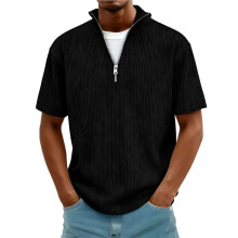 Heren Shirts met Kwartrits, Gebreide, Getextureerde, Casual Shirts met Korte Mouwen, Golfshirts Zwart XL