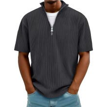 Heren Shirts met Kwartrits, Gebreide, Getextureerde, Casual Shirts met Korte Mouwen, Golfshirts Donkergrijs M