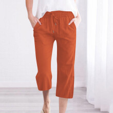 Capris Pants for Women Cotton Linen Casual Summer Straight Leg Loose Drawstring Elastic Waist Cropped Trousers