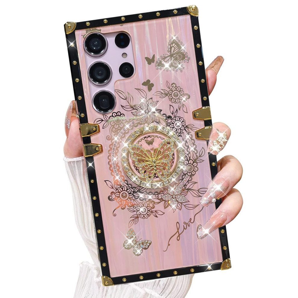 Bling Butterfly Case With Sparkly Rhinestones Kickstand Mirror Shockproof Cover For Samsung Galaxy S25 Ultra Pink 9092120219685