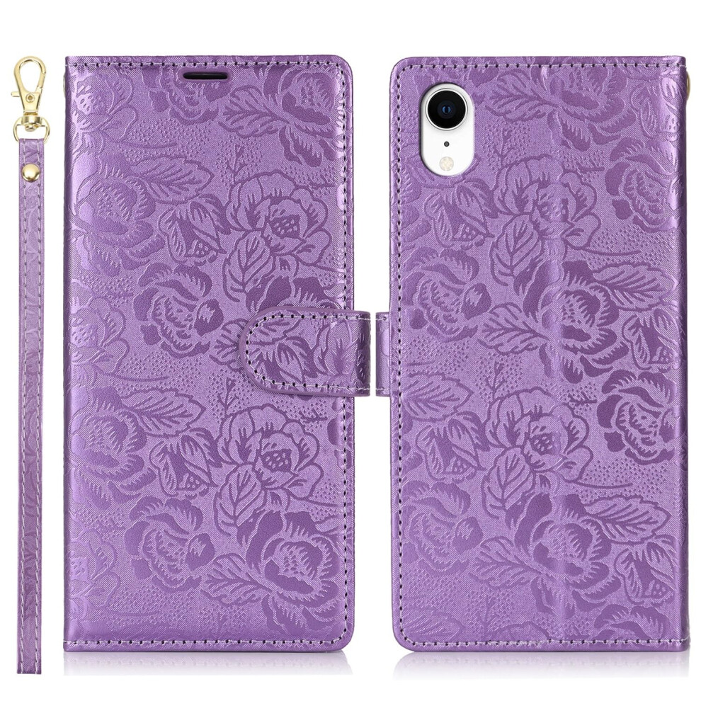 Wallet Case For Iphone Xr Leather Flip Cover With Card Holder, Kickstand, Wrist Strap, 360 Protection Purple 9092120218381