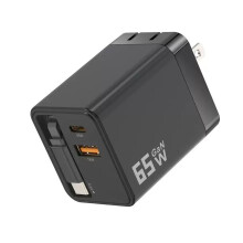 Breiseán Balla Luchtaire Tapa Dubh 65W le Cábla USB-C Intarraingthe & 2 Chalafort USB, 3-in-1 do Ghutháin/Ríomhairí Glúine, Inaistrithe (3.17oz)