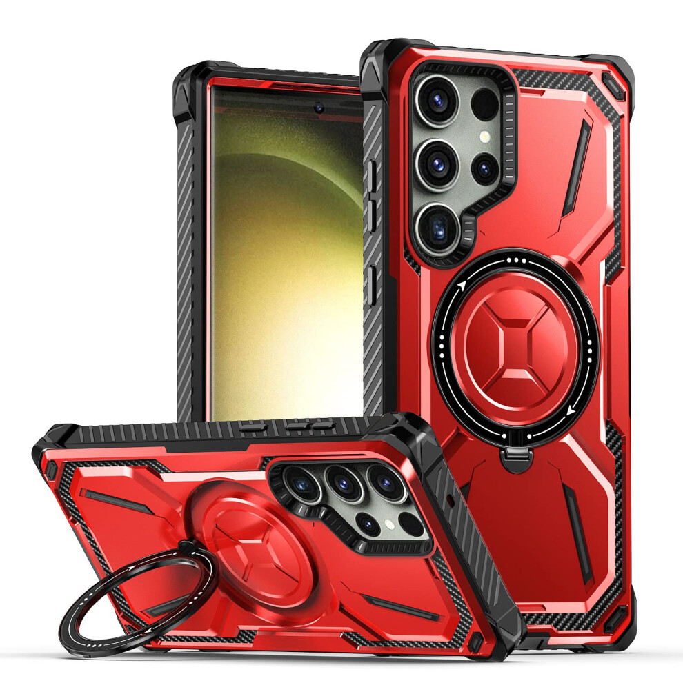 Military Grade Shockproof Leather Cover Case With Magnetic Charging And Lens Protection For Samsung Galaxy S24 Plus Red 9771547596059
