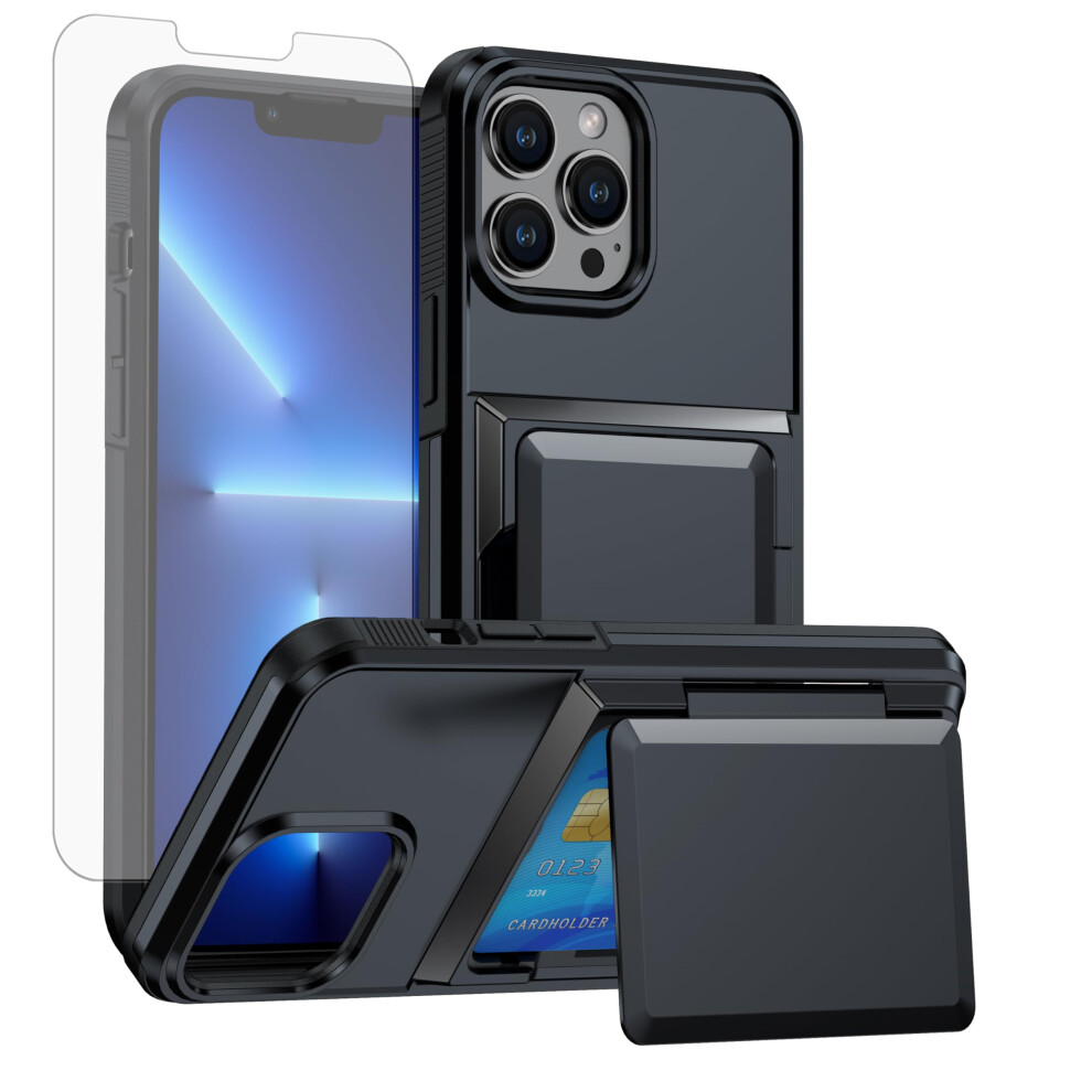 Wallet Case With Hidden Card Holder And Tempered Glass Protection For Iphone 14 Pro Women And Men Black 9092120220100