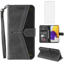 Wallet Case with Card Holder Kickstand and Tempered Glass Screen Protector Gray for Samsung Galaxy A72 5G