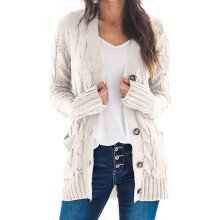 (S,Beige)KINCJON Women Knitted Loose Sweater Long Sleeve Button Cardigan Open Front Knee Length Tops Coat For Jacket Outerwear With Pock