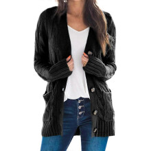 (M,Black)KINCJON Women Knitted Loose Sweater Long Sleeve Button Cardigan Open Front Knee Length Tops Coat For Jacket Outerwear With Pock
