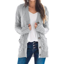 (S,Gray)KINCJON Women Knitted Loose Sweater Long Sleeve Button Cardigan Open Front Knee Length Tops Coat For Jacket Outerwear With Pock