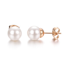 White Fake Pearl Stud Earrings Rose Gold Plated 8mm