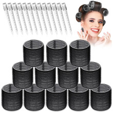 Set di bigodini grandi - 24 pezzi con 12 bigodini jumbo e 12 clip per capelli lunghi e folti, per dare volume (nero)