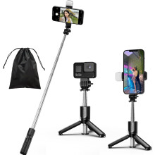 Mini tripé 4 em 1 para selfie com luz, extensível e portátil, controle remoto sem fio destacável compatível com iPhone, GoPro e smartphones.