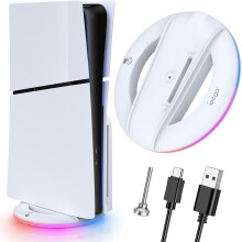 LED Vertical Stand for PS5 Slim 2023 – 14 RGB Light Modes, Includes Screw & USB Cable, White