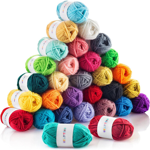Mini Pack Worsted Premium Acrylic Yarn - 30 Pack (20 Gram Minis, Rainbow)