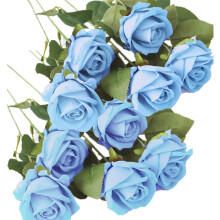 12-Piece Light Blue Artificial Roses – Silk Long Stem,