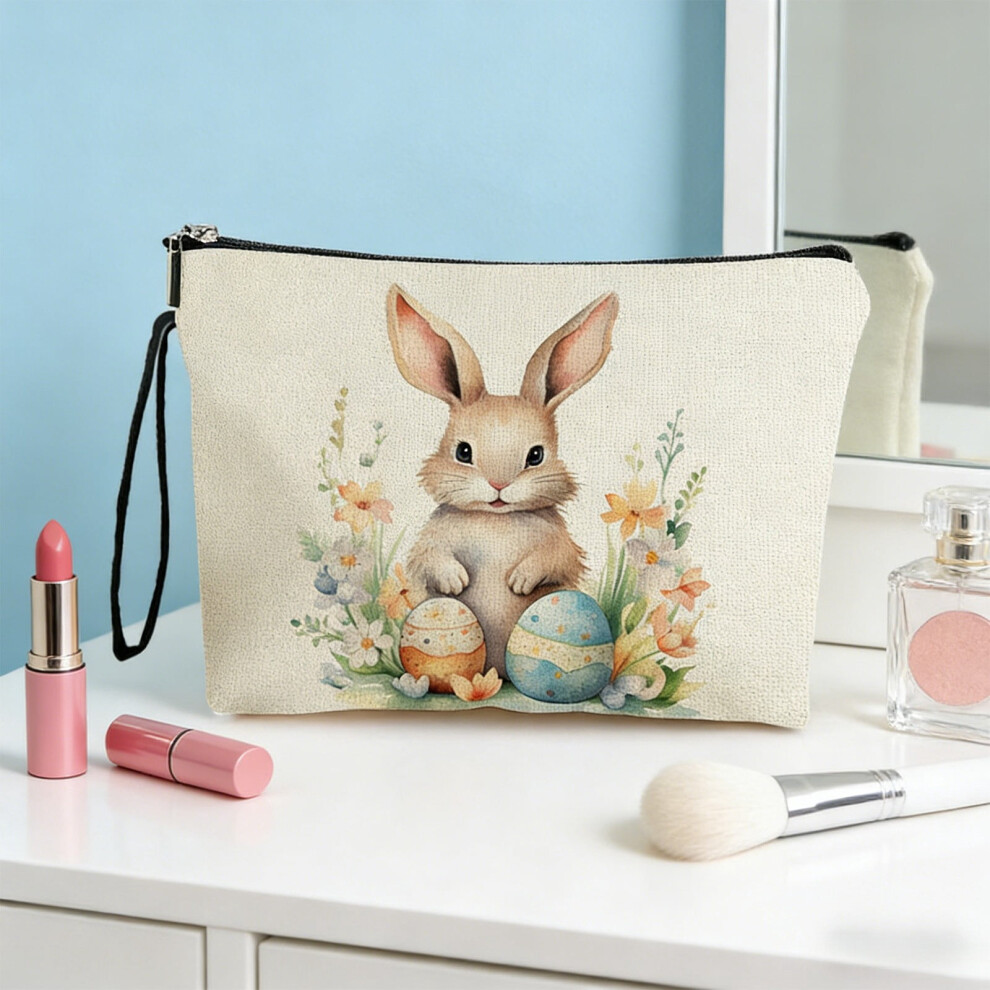 Easter Bunny Pattern Storage Bag, Zippered Cosmetic Pouch for Travel, Large Capacity Waterproof Makeup Bag Easter Treat Candy Bag with Handle