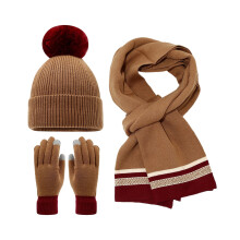 Xinwanna 3Pcs/Set Women Winter Hat Scarf Gloves Set Plush Ball Decor Elastic Knitting Hat Long Scarf Touch Screen Gloves Set (Dark Khaki)