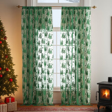 Sheer Lace Christmas Curtains with Snowflake Embroidery, Rod Pocket, Green, 2 Panels (55x39 in), Compatible with Standard Rods