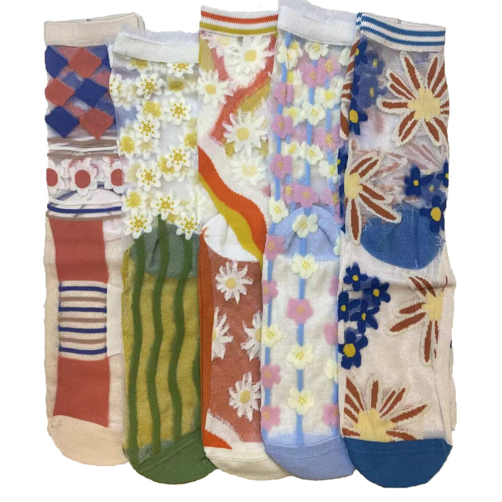 Vintage Sheer Socks,Summer Transparent Flower Ankle Socks,Thin Mesh Lace Elastic Jacquard Glass Silk Socks