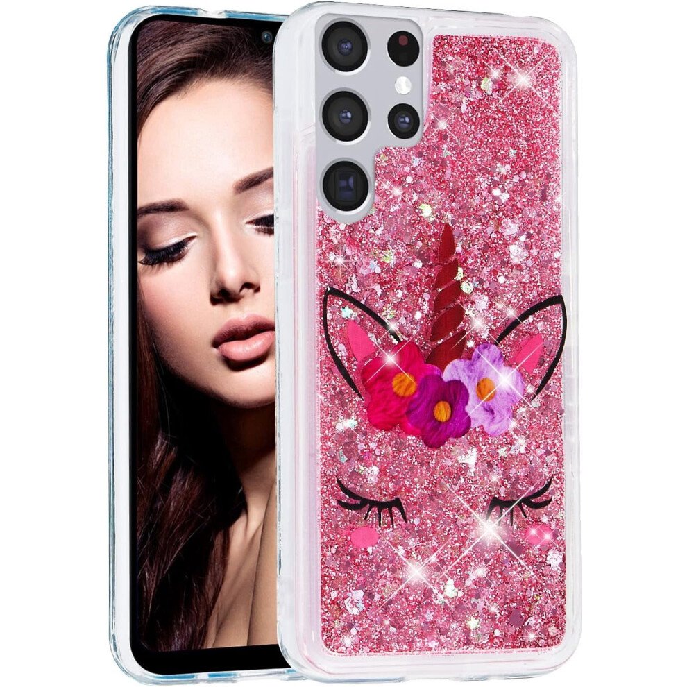 Cute Glitter Quicksand Tpu Case For Samsung Galaxy S23 Ultra Â Sparkle, Luxury, Wink Unicorn Design Pink 9479868433830
