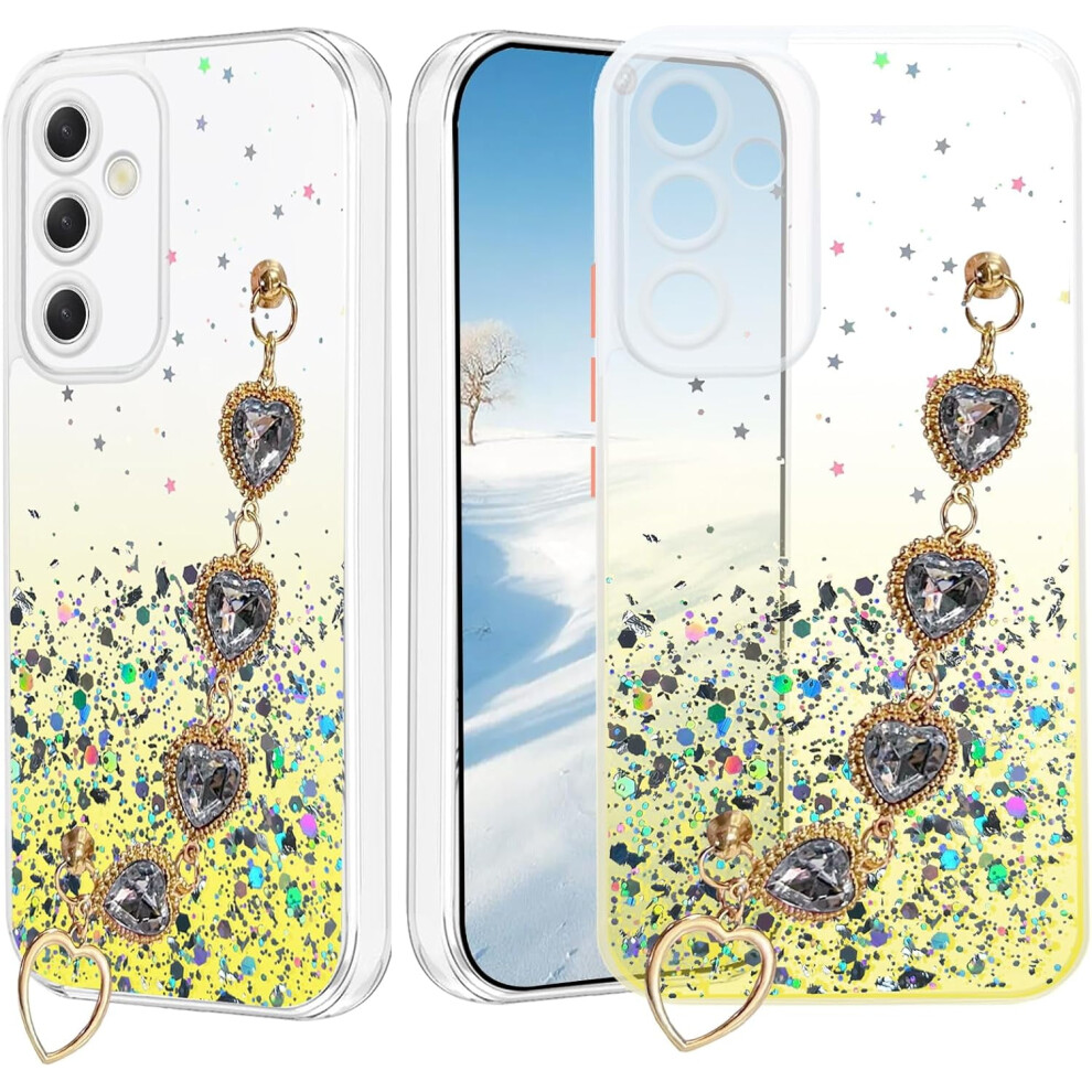 Clear Glitter Silicone Phone Case For Samsung A25 5G Â Shockproof With Chain Strap Bracelet, Aesthetic Cover Pink/Yellow 9479868435636