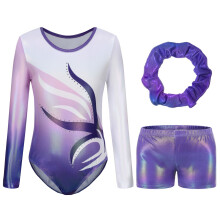 Completo da ginnastica per bambine in 3 pezzi: body a maniche lunghe con strass scintillanti, pantaloncini e fascia per capelli | Body sportivo per