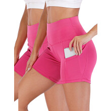 Højtaljede yogashorts til kvinder med numseløft, lommer, mavekontrol, strækbart og rynket design – Kompatibel med yoga og løb