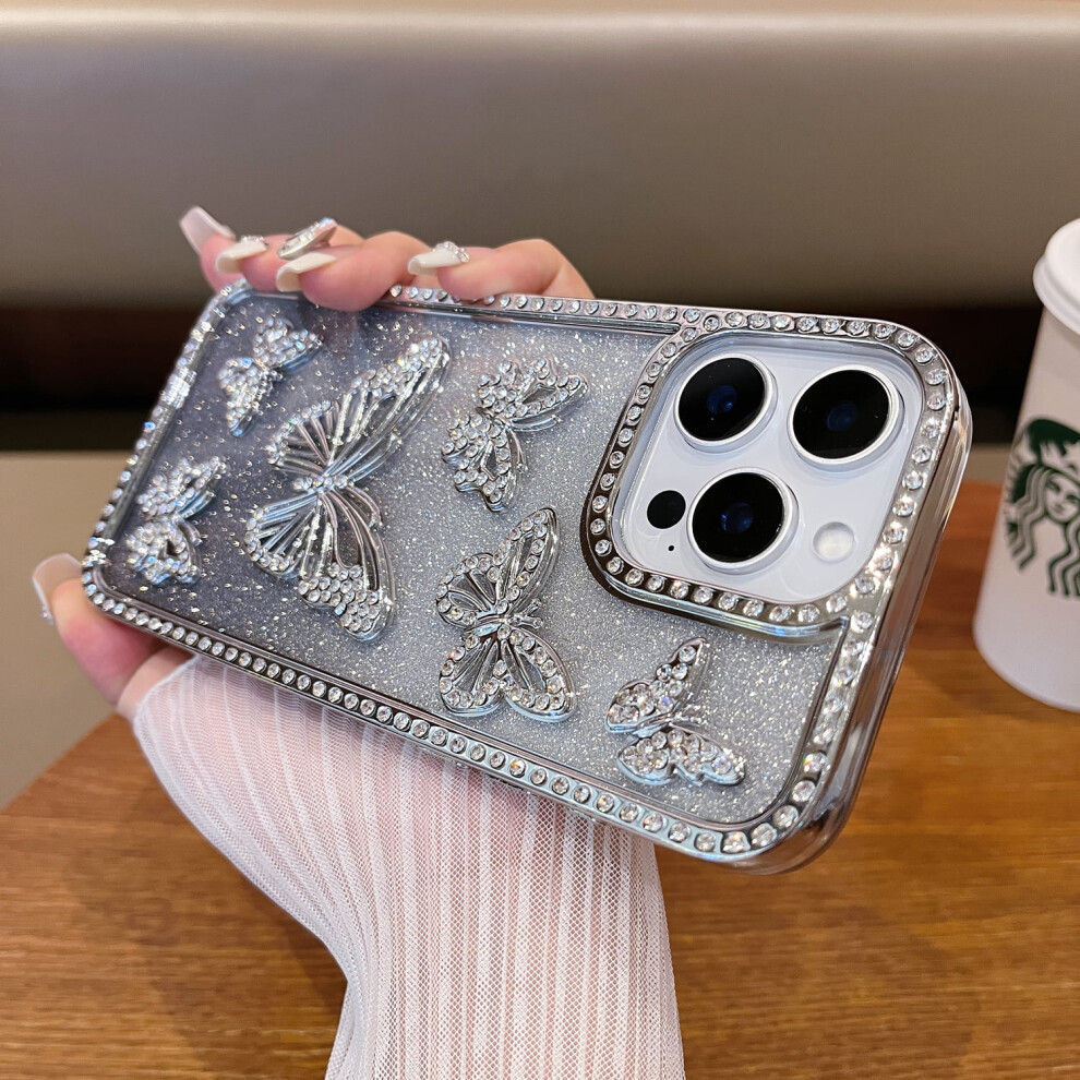 Glitter Case For Iphone 16 Pro Max: 3D Butterflies, Bling Diamond, Gradient Sparkly Plating, Clear Shockproof Bumper Â Silver 9479868518841