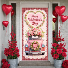 Pink Valentine’s Day Banner with Rose & Lace Heart Border – Romantic Party, Date & Wedding Backdrop (Compatible with Valentine’s Decor)