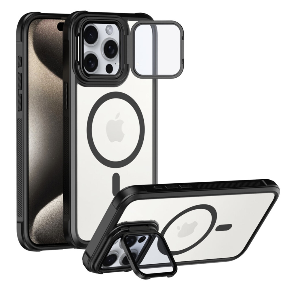 Iphone 15 Magnetic Case Compatible With MagsafeâShockproof Clear Cover With Lens Stand & Anti-Scratch Camera Protector, Black 9479868523180