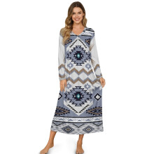 Women's Cozy Button-Front Sleepshirt, Soft Long Sleeve Nightgown, Full-Length Indoor Lounge Dress – Aztec Tribal Gray, S