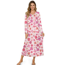 Elegant langermet nattkjole for kvinner – knapper foran, ankellang, myk blomsterpyjamaskjole, L, rosa