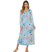 Women's Soft Cozy Housecoat Sleepshirt, Button-Front, Long Sleeve, Starfish Sea Shell Coral Blue, L, for Indoor Loungewear & Sleepwear