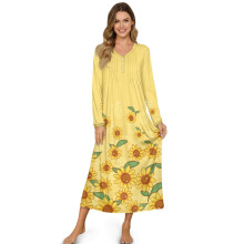 Women's Long Sleeve Button-Front Sleepshirt, Cozy Nightgown for Home & Relaxation – Yellow Sunflower, 4XL, Compatible with Sleep Comfort