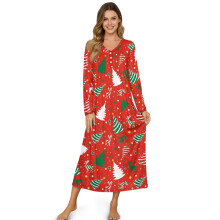 Women's Christmas Nightdress, Button-Front Long Sleeve Nightgown, Soft Cozy Full-Length Lounging Dress, XL, Red with Tree/Reindeer Print