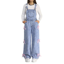 Piger Denim Overalls Snefnug Vasket Bred Ben Jumpsuit Med Sløjfe Casual Mode Til Teenagepiger Sød Barn Hverdagstøj