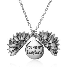 (Silver)You are My Sunshine Necklace,Vintage Creative Alloy Necklace, Personalized Openable Sunflower Pendant, Double-Sided