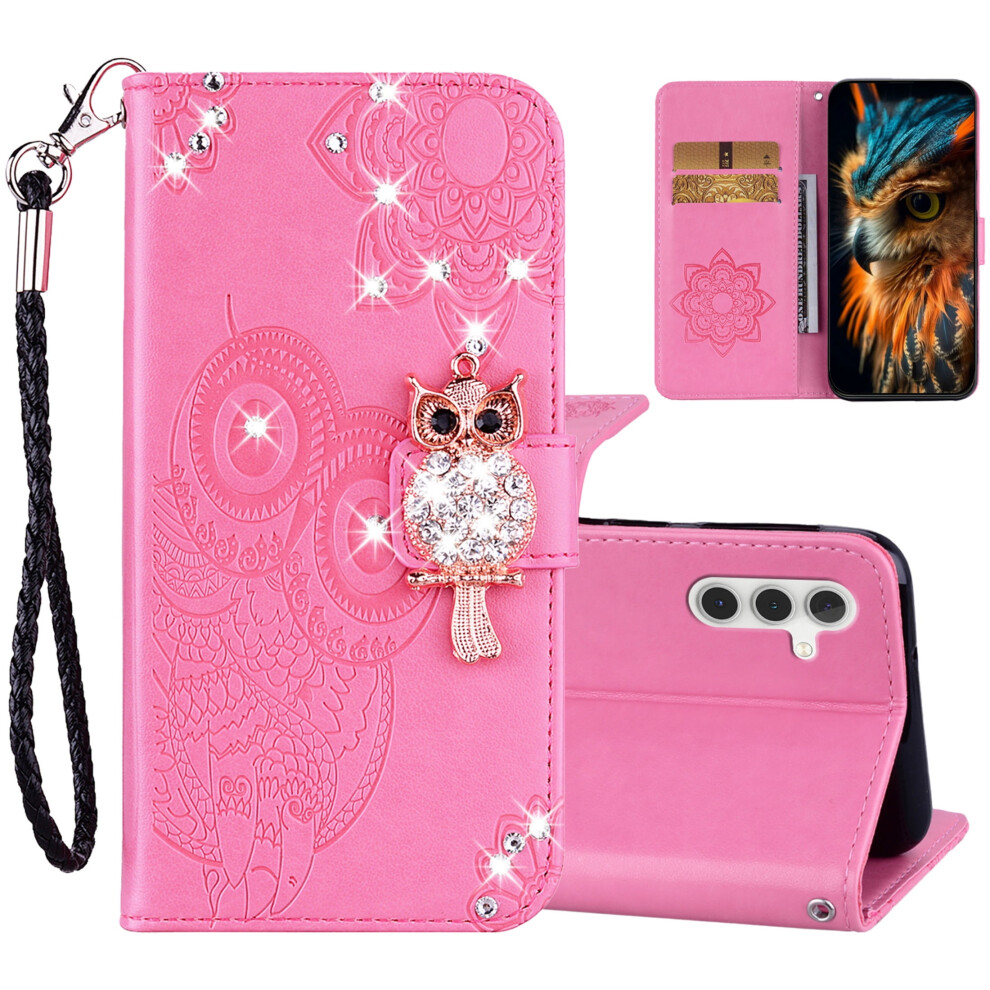 Cute Owl Glitter Wallet Case For Samsung Galaxy S25, Pu Leather Flip Cover With Card Slot & Wrist Strap Â Crystal Pink 9479868631960