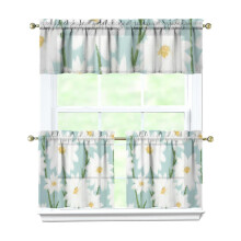 White Daisies Blue Kitchen Curtains & Valance Set – 3-Pc, Rod Pocket, Machine Washable (54"x18"+2x27.5"x24")