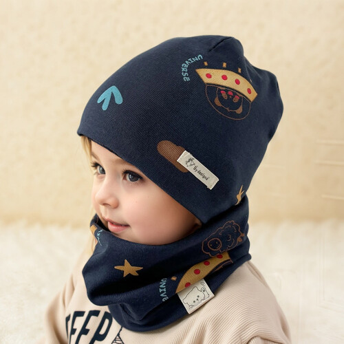 Gorro e cachecol infantil de camada dupla, azul-marinho, tamanho P