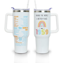 65th Birthday Tumbler for Women, 40 oz with Handle & Straw Lid, White – Compatible with 1959 Theme