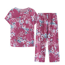 Dame sommerpyjamassæt med mønstre i 2 dele, rund hals og capri-kjoler i elastisk talje, løs og behagelig pasform, XL-4XL