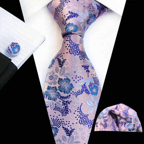 Men's Floral Printed Tie, Pocket Square, and Cufflinks Set