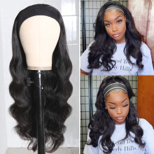 Glueless Body Wave Human Hair Headband Wig for Black Women, 16", 150% Density, Brazilian Virgin Curly, Machine Made, Compatible with None Lace Front