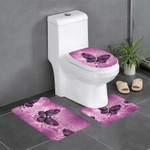 Baderomsmattersett med sommerfuglmotiv, 3 deler, sklisikre flanellmatter til badet, vaskbart badeteppe, absorberende badematter med toalettteppe