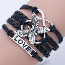 Imitation Leather Multi-strand Bracelets Alloy Butterfly/Infinity/Word Love Charm Bracelets for Women Silver Black 7-1/2 inch(19cm)