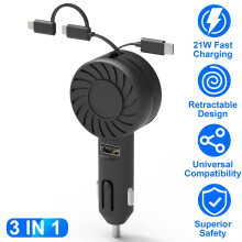 Teqhome21W zatahovací nabíječka do auta3 v 1, USB porty + 31,5" zatahovací kabel typu C a micro, kompatibilní s iPhonem 15/14/13 a dalšími