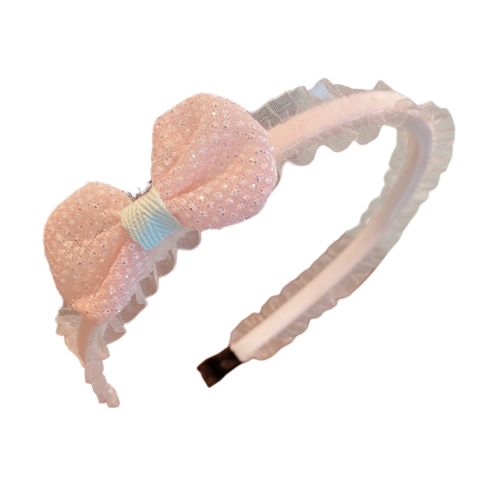 Unisex Pink Xinwanna Lace Trim Heart Decor Shiny Elastic Girls Headband Kids Imitation Pearls Bowknot Decor Hair Hoop Hair Accessories (Hot )