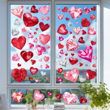 Valentine's Day Diamond Heart Window Clings for Glass – Pink/Red Love Decals for Home, Office, Party, Classroom, Wedding, Anniversary (Style 2)