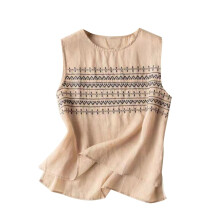 Dame-singlets i lin, ermeløse, avslappede sommer-tunika-T-skjorter, ensfarget plissert vest, rund hals, løs passform, khaki – kompatibel med alle
