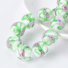 5pcs Round 12mm Handmade Flower Pattern Lampwork Glass Loose Beads DIY Jewelry-White